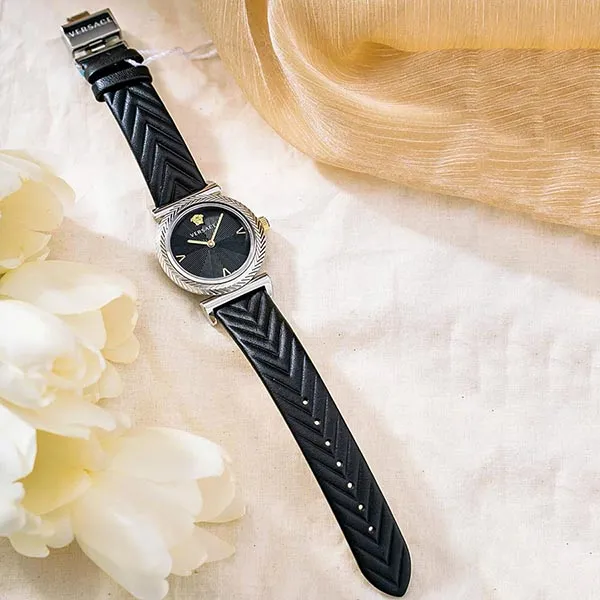 Đồng Hồ Nữ Versace Quartz VERE01620 V-Motif Black Dial Black Leather 35mm Màu Đen