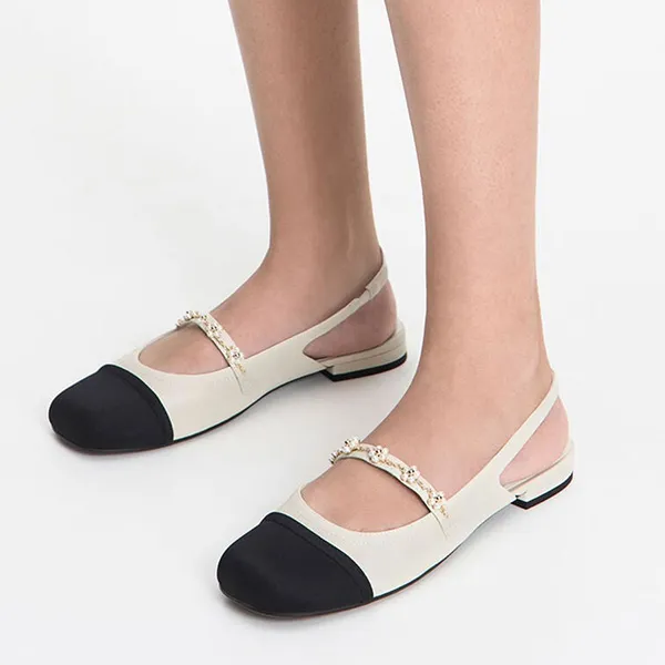 Giày Búp Bê Nữ Charles & Keith CNK Beaded Flower Slingback CK1-70900382-1 Chalk Màu Trắng/Đen Size 38