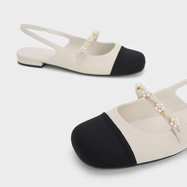 Giày Búp Bê Nữ Charles & Keith CNK Beaded Flower Slingback CK1-70900382-1 Chalk Màu Trắng/Đen Size 38