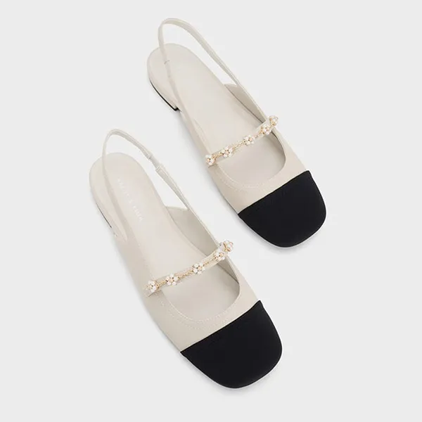 Giày Búp Bê Nữ Charles & Keith CNK Beaded Flower Slingback CK1-70900382-1 Chalk Màu Trắng/Đen Size 38