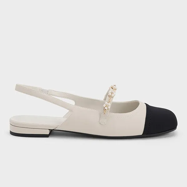 Giày Búp Bê Nữ Charles & Keith CNK Beaded Flower Slingback CK1-70900382-1 Chalk Màu Trắng/Đen Size 38