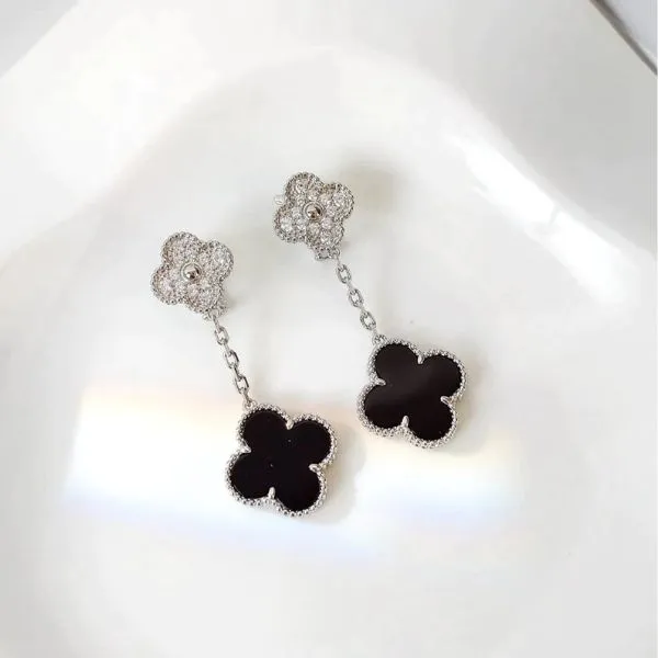 Khuyên Tai Nữ Jewery Luxury Clover Motifs Silver Diamond Onyx Earrings Màu Bạc - Trang sức - Vua Hàng Hiệu