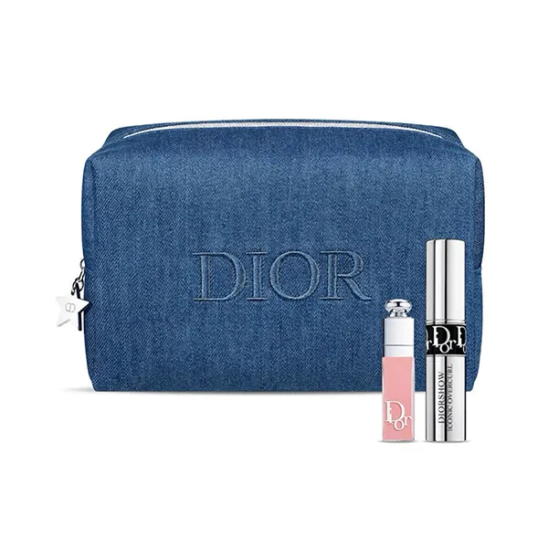 Set Son Dưỡng Và Chuốt Mi Mascara Dior Pouch Vanity Denim Fabric Mark Embroidery 3 Món