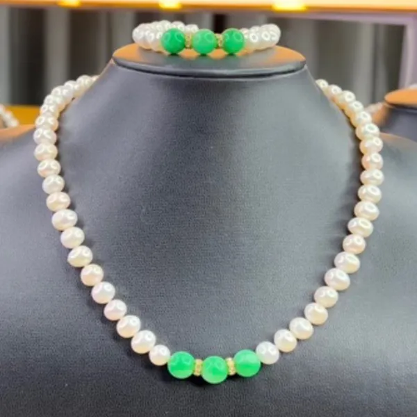 Set Vòng Cổ, Vòng Tay, Khuyên Tai Minh Hà Pearl Jewelry Ngọc Trai Phối Đá Màu Trắng Xanh Size 8mm