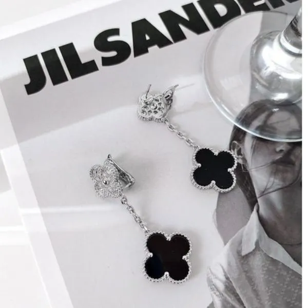 Khuyên Tai Nữ Jewery Luxury Clover Motifs Silver Diamond Onyx Earrings Màu Bạc - Trang sức - Vua Hàng Hiệu