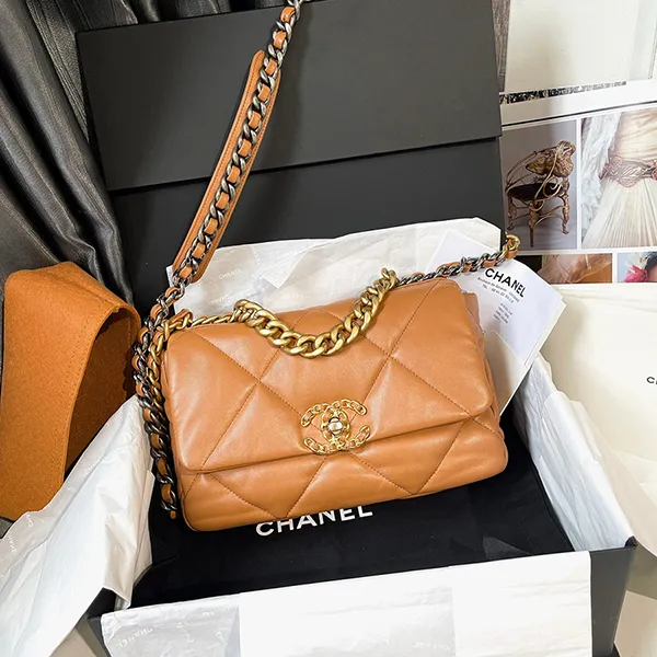 Túi Đeo Chéo Nữ Chanel C19 Large Caramel Leather Way Flap Bag Màu Nâu