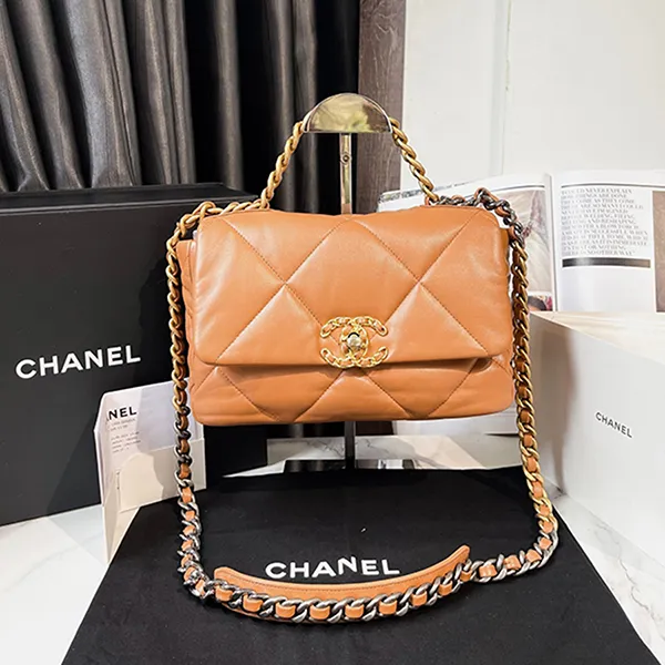 Túi Đeo Chéo Nữ Chanel C19 Large Caramel Leather Way Flap Bag Màu Nâu