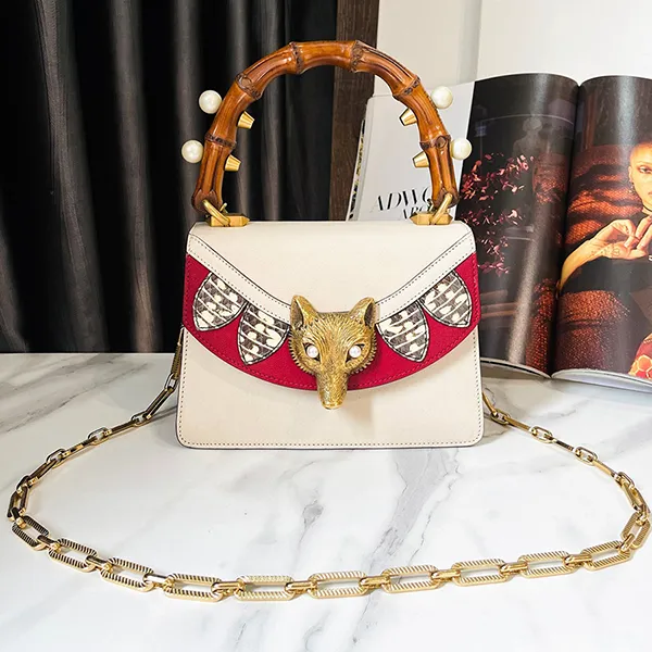 Túi Đeo Chéo Nữ Gucci Leather Bamboo Foxhead Leather Handbag Màu Trắng Đỏ - Túi xách - Vua Hàng Hiệu