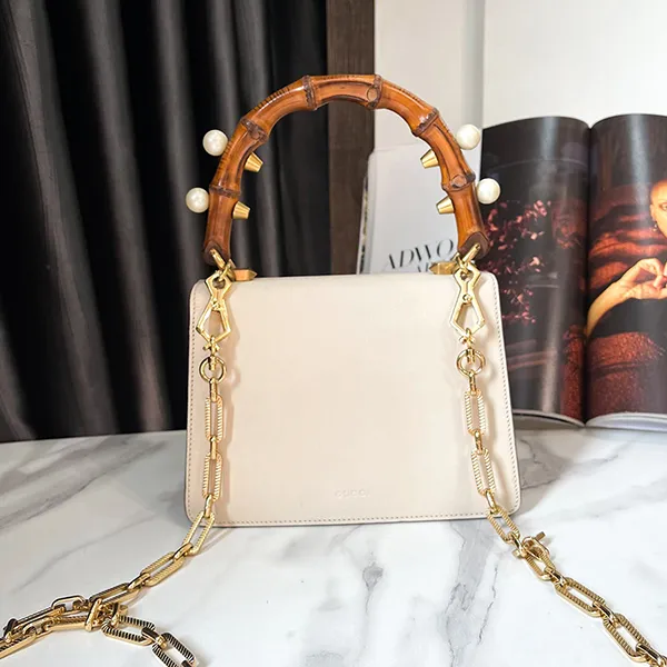 Túi Đeo Chéo Nữ Gucci Leather Bamboo Foxhead Leather Handbag Màu Trắng Đỏ - Túi xách - Vua Hàng Hiệu