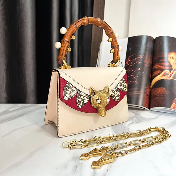 Túi Đeo Chéo Nữ Gucci Leather Bamboo Foxhead Leather Handbag Màu Trắng Đỏ - Túi xách - Vua Hàng Hiệu