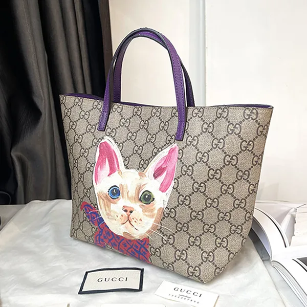 Túi Tote Nữ Gucci Girls' GG Supreme Cat Màu Be Xám
