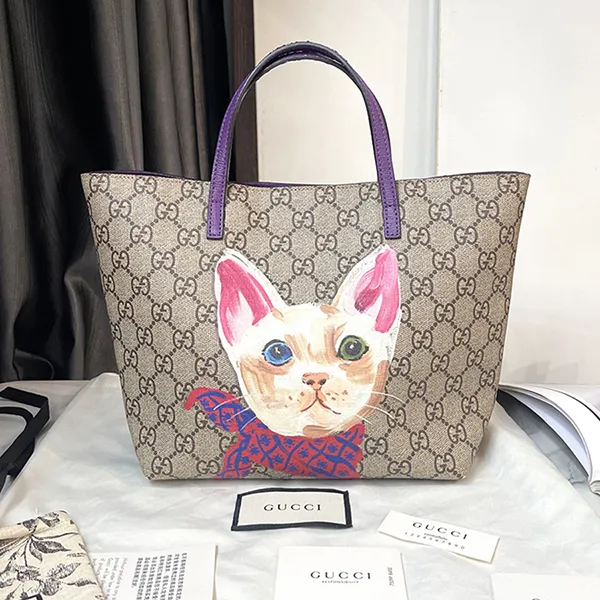 Túi Tote Nữ Gucci Girls' GG Supreme Cat Màu Be Xám