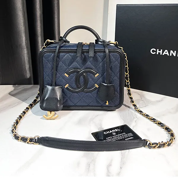 Túi Xách Tay Nữ Chanel Vanity Case Blue Black Caviar Màu Xanh Navy