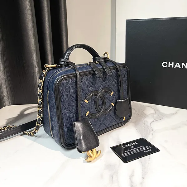 Túi Xách Tay Nữ Chanel Vanity Case Blue Black Caviar Màu Xanh Navy