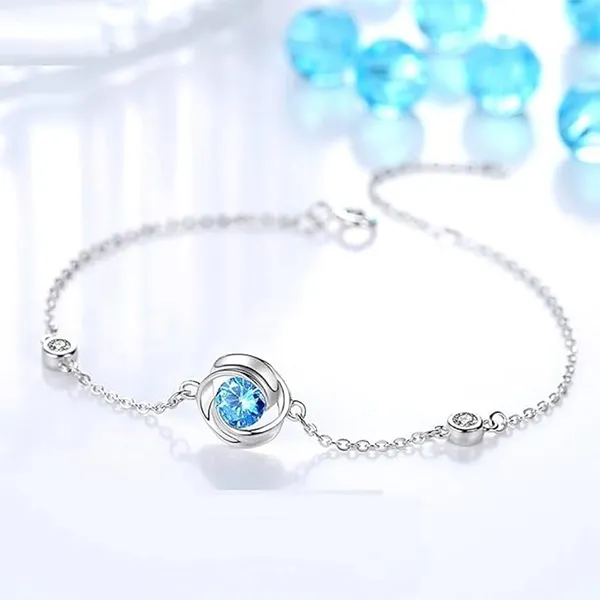 Vòng Đeo Tay Nữ Lili Jewelry Đính Đá CZ Hình Bông Hoa Hồng LILI_787759 Màu Bạc Phối Xanh - Trang sức - Vua Hàng Hiệu