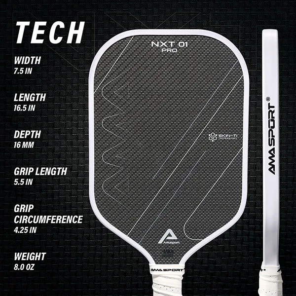 Vợt Pickleball Ama Sport NXT 01 Pro Titanium 16mm Màu Xám Trắng (Kèm túi và hộp đựng)