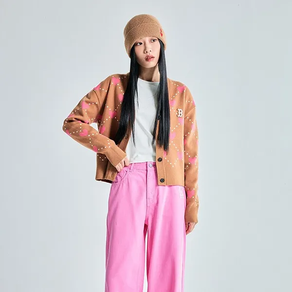 Áo Cardigan Nữ MLB Heart Cropped Cardigan Boston Red Sox 3FKCH0234-43CAS Màu Camel