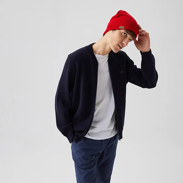 Áo Khoác Len Nam Lacoste Mandarin Collar Zippered Wool Sweater AH0394 166 Màu Xanh Navy Size 2