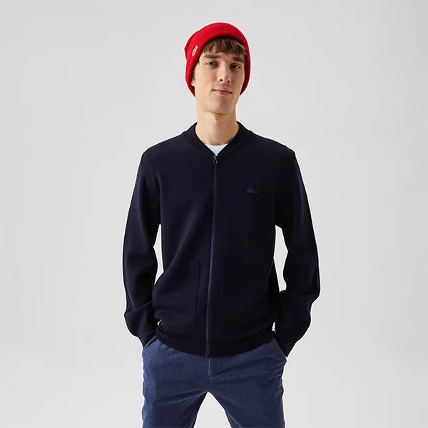 Áo Khoác Len Nam Lacoste Mandarin Collar Zippered Wool Sweater AH0394 166 Màu Xanh Navy Size 2