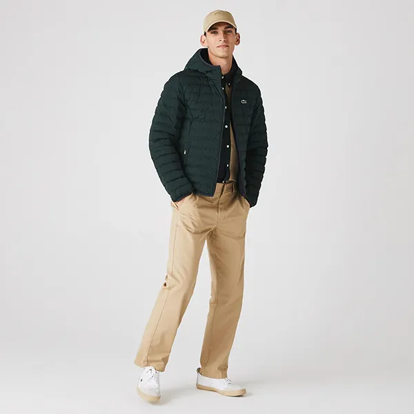 Áo Khoác Nam Lacoste Lightweight Foldable Hooded Water-Resistant Puffer Coat BH1930 YZP Màu Xanh Rêu Size 48