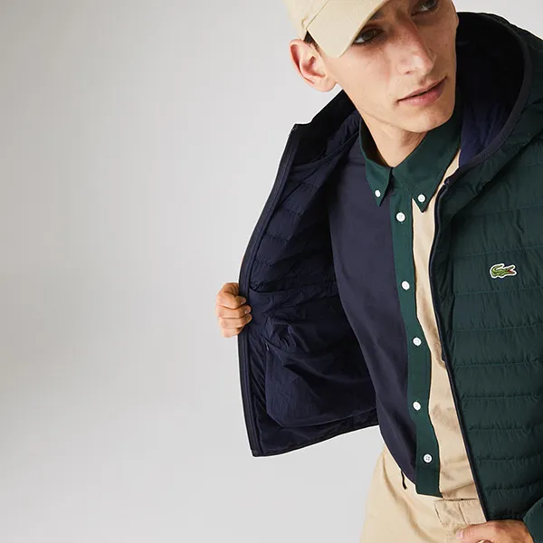 Áo Khoác Nam Lacoste Lightweight Foldable Hooded Water-Resistant Puffer Coat BH1930 YZP Màu Xanh Rêu Size 48