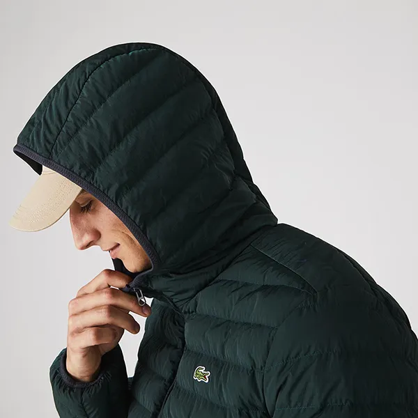 Áo Khoác Nam Lacoste Lightweight Foldable Hooded Water-Resistant Puffer Coat BH1930 YZP Màu Xanh Rêu Size 48