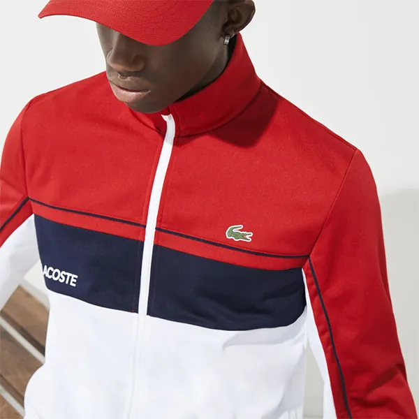 Áo Khoác Nỉ Nam Lacoste Colourblock Zip Sweatshirt Regular Fit SH9543 SAR Màu Trắng Phối Đỏ Size 4