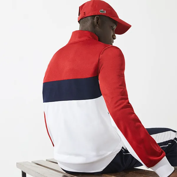 Áo Khoác Nỉ Nam Lacoste Colourblock Zip Sweatshirt Regular Fit SH9543 SAR Màu Trắng Phối Đỏ Size 4
