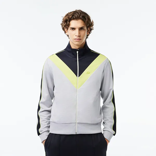 Áo Khoác Nỉ Nam Lacoste Zipped Ripstop Piqué Colourblock Sweatshirt SH1168 IZU Màu Xám Đen Size 3