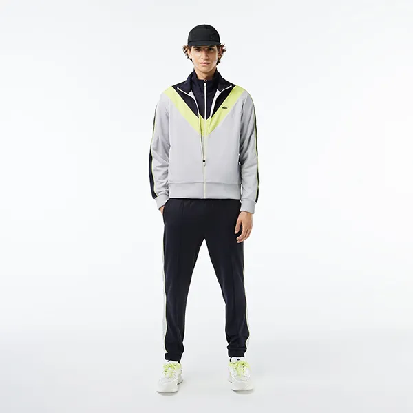 Áo Khoác Nỉ Nam Lacoste Zipped Ripstop Piqué Colourblock Sweatshirt SH1168 IZU Màu Xám Đen Size 3