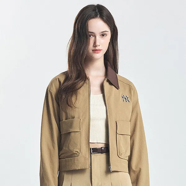 Áo Khoác Nữ MLB Basic Collar Crop Work Jacket 3FJPB0146-50BGD Màu Be Size M