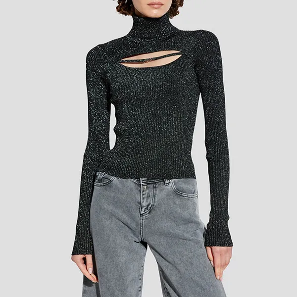 Áo Len Nữ Versace Jean Conture In Black With Lurex Ribbed Knit Turtleneck 77HAFM22CM60H899 Màu Đen Size XS