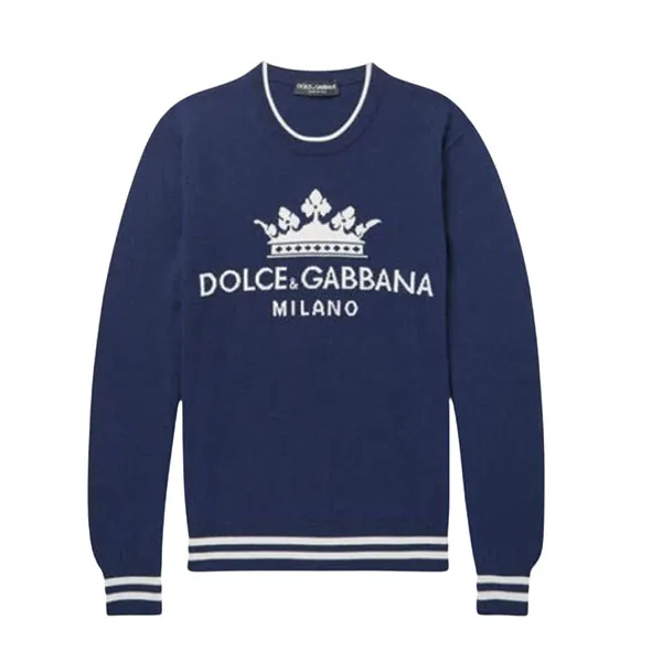 Áo Nỉ Nam Dolce & Gabbana DG Crown In Blue With Logo Intarsia Pullover GX193T JAWED S9002 Màu Xanh Size 46