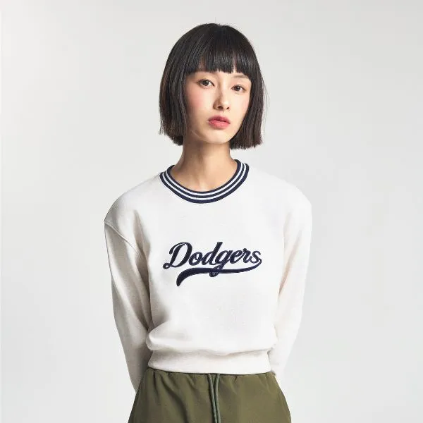 Áo Nỉ Sweater Nữ MLB Varsity Cursive Los Angeles Dodgers Sweatshirts 3FMTV0344 07OTS Màu Be