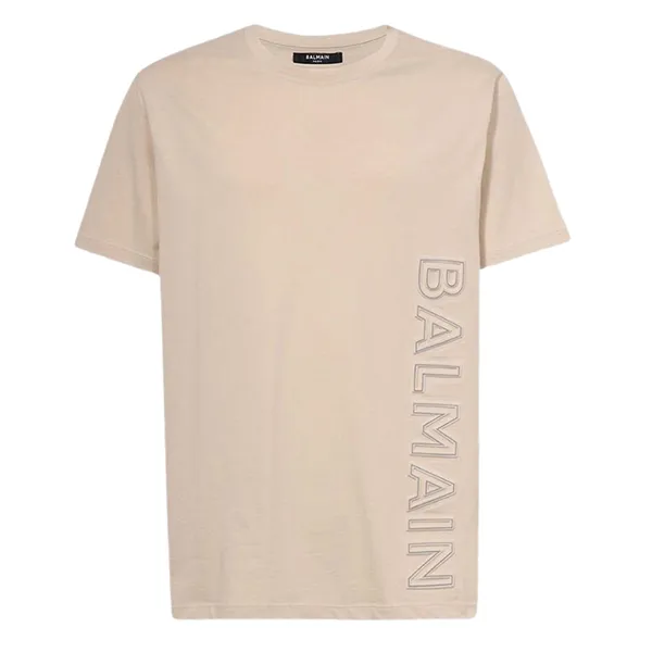 Áo Phông Nam Balmain Beige With Logo Embroidered BH0EG010/BC22GPB Tshirt Màu Beige Size XS