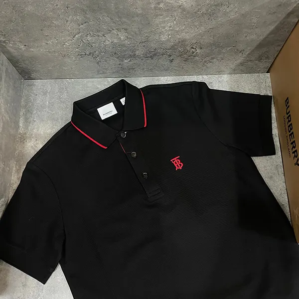 Áo Polo Nam Burberry Icon Stripe Placket Cotton Piqué Shirt Black Màu Đen Size XS