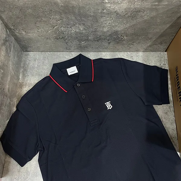 Áo Polo Nam Burberry Icon Stripe Placket Cotton Piqué Shirt Màu Xanh Navy Size XS