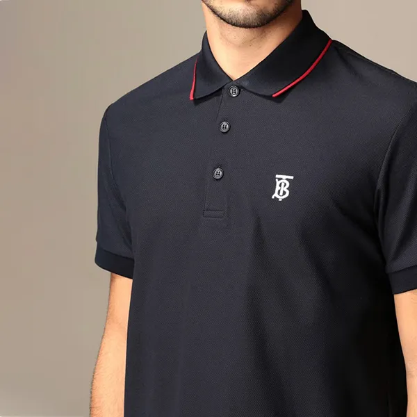 Áo Polo Nam Burberry Icon Stripe Placket Cotton Piqué Shirt Màu Xanh Navy Size XS