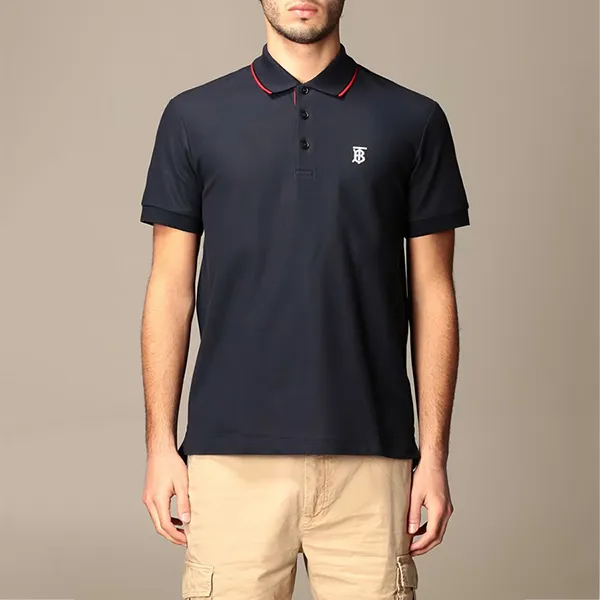 Áo Polo Nam Burberry Icon Stripe Placket Cotton Piqué Shirt Màu Xanh Navy Size XS