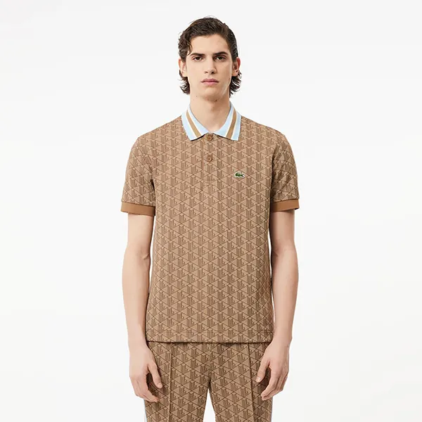Áo Polo Nam Lacoste Contrast Collar And Monogram Classic Shirt DH1417- IRP Màu Nâu Họa Tiết Size 5