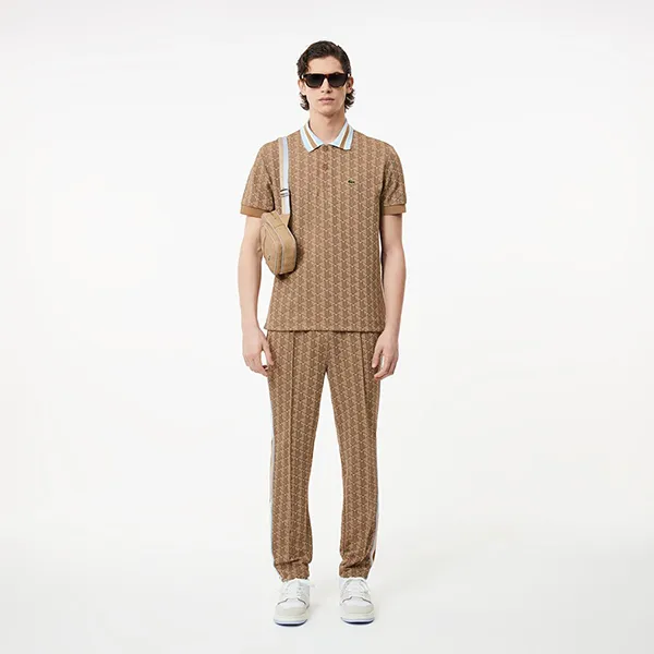 Áo Polo Nam Lacoste Contrast Collar And Monogram Classic Shirt DH1417- IRP Màu Nâu Họa Tiết Size 5