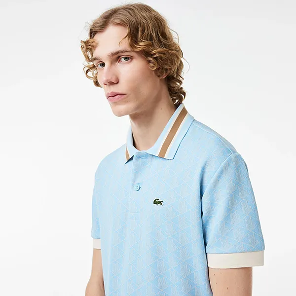 Áo Polo Nam Lacoste Men's Classic Fit Contrast Collar Monogram DH1417 WB5 Màu Xanh Da Trời Size 5