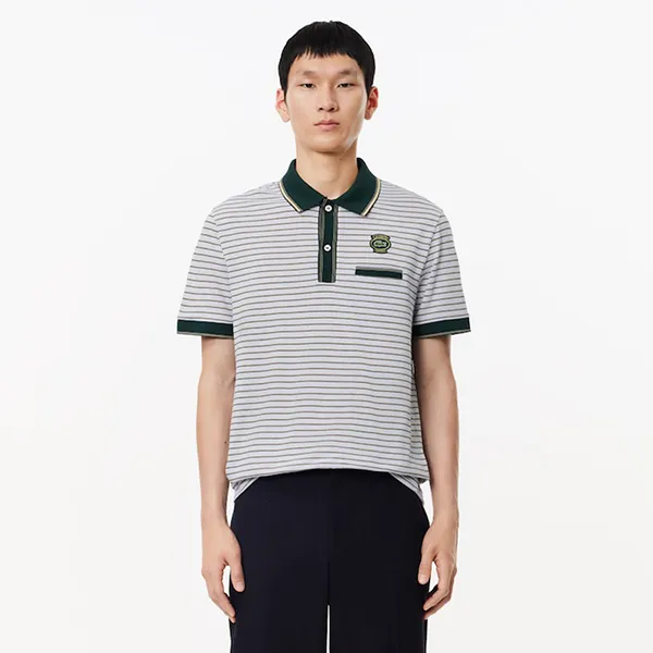 Áo Polo Nam Lacoste Regular Fit Striped Mini Piqué PH7583 T69 Màu Xám Kẻ Size 3
