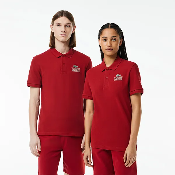 Áo Polo Unisex Lacoste Regular Fit Signature Print Stretch Piqué Polo Shirt PH1136 IXX Màu Đỏ Đô Size XS