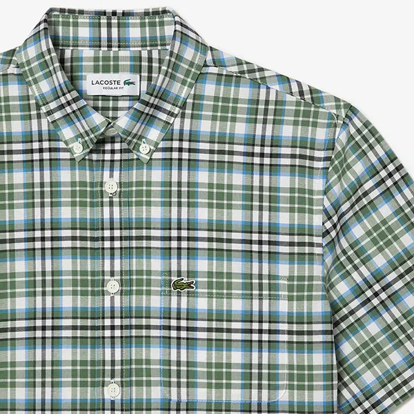 Áo Sơ Mi Cộc Tay Nam Lacoste Regular Fit Short Sleeve Check CH1910 10 U9I Shirt Màu Xanh Lá Size 39