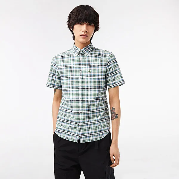 Áo Sơ Mi Cộc Tay Nam Lacoste Regular Fit Short Sleeve Check CH1910 10 U9I Shirt Màu Xanh Lá Size 39