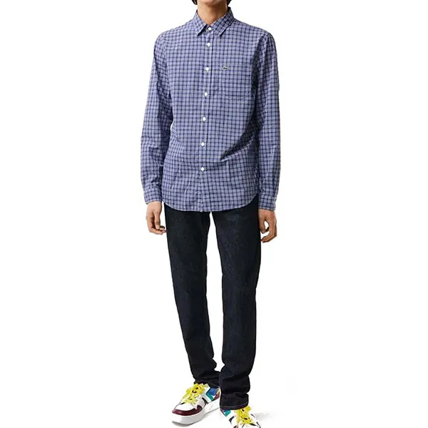 Áo Sơ Mi Dài Tay Nam Lacoste Regular Fit Check Print Shirt CH0193 00 A10 Màu Xanh Kẻ Size 40