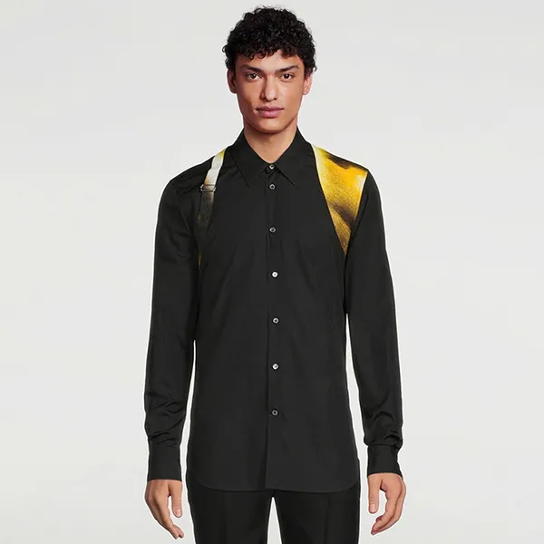 Áo Sơ Mi Nam Alexander McQueen Poplin Abstract-Print Harness Sport Shirt 710640 Màu Đen Size XXS