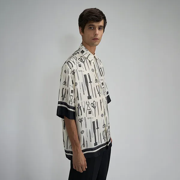Áo Sơ Mi Nam Fendi Silk With Logo Printed Shirt FS0966 AR65 F1MTG Màu Kem/Đen Size 39