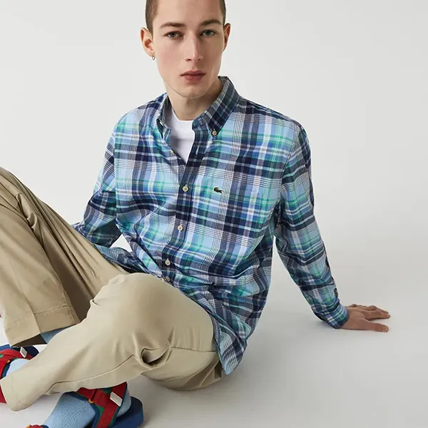 Áo Sơ Mi Nam Lacoste Regular Fit Check Stretch Cotton Shirt CH2603 00 51W Màu Xanh Kẻ Size 39